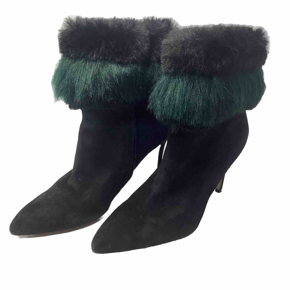 Sam Edelman Shoes OLEANA Black Green Faux Fur Real Suede Boot Booties Heel 9.5